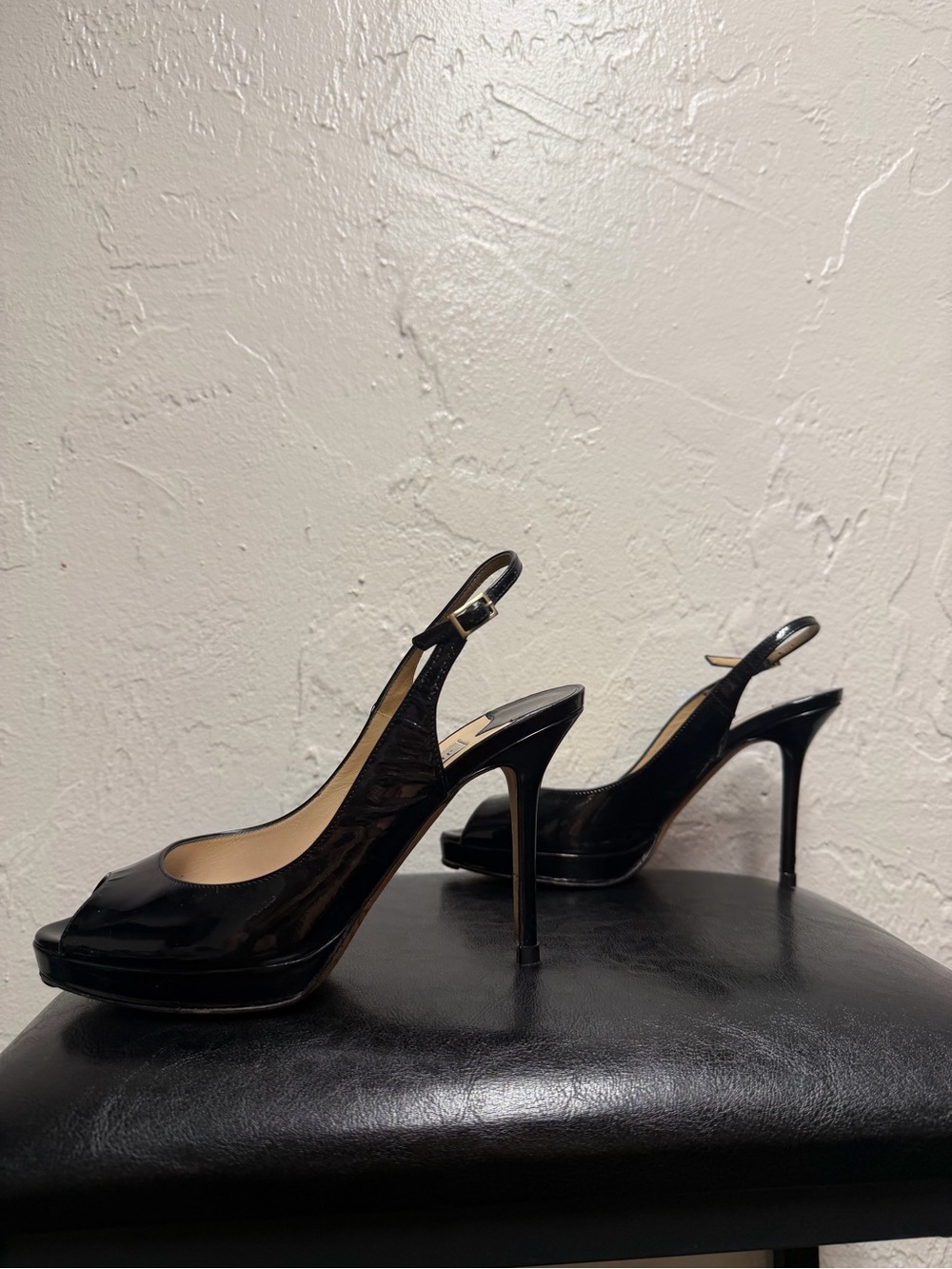 Jimmy Choo Black Patent Leather Peep-Toe Slingback Heels - Picture 6 of 15